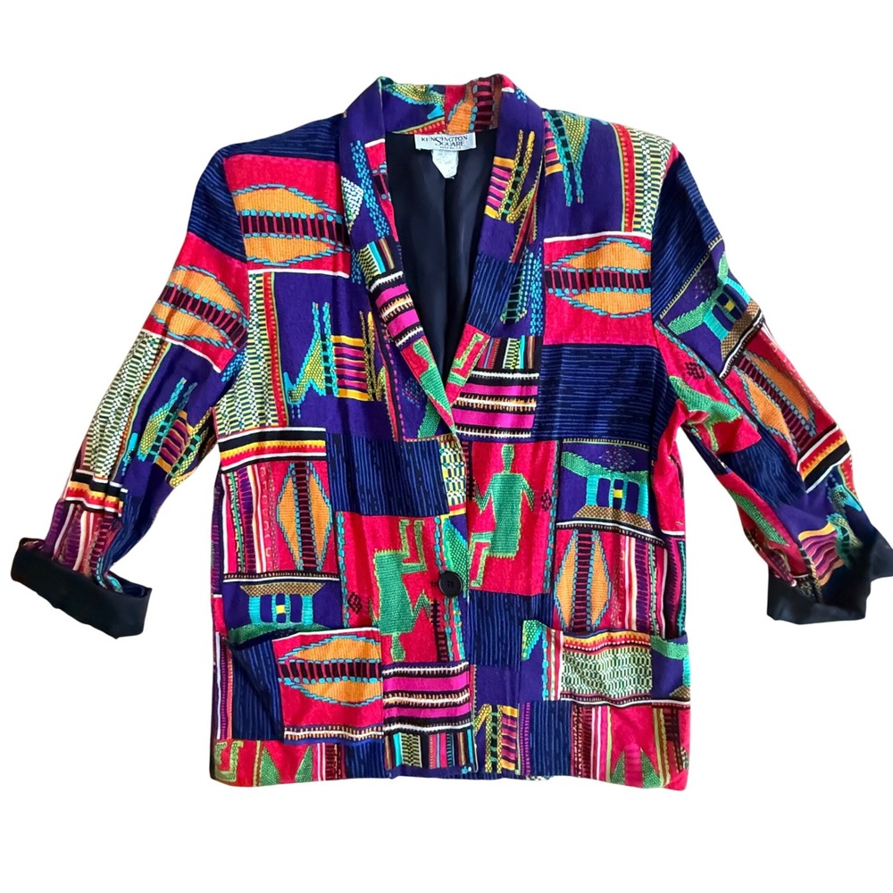 Vintage Kensington Square Tribal Retro Geometric Patchwork Blazer Jacket Small
